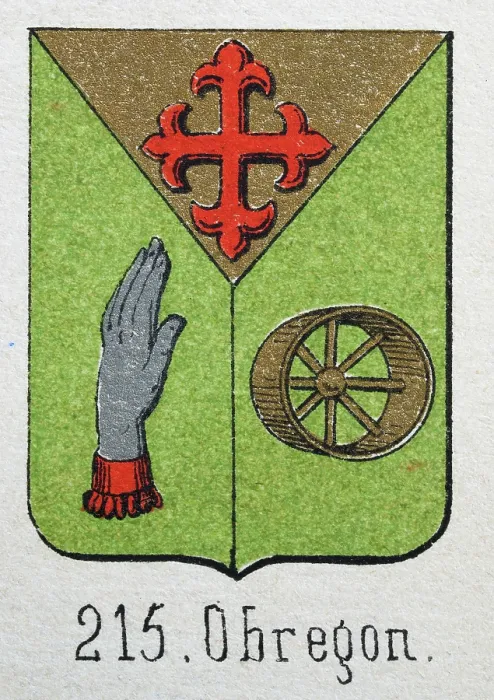 Framed Print : Medieval heraldry, Coat of arms, Shield with, Red, Cross, Fleury, Silver, Hand, Gold, Wheel, Green, Spanish, Vintage illustration