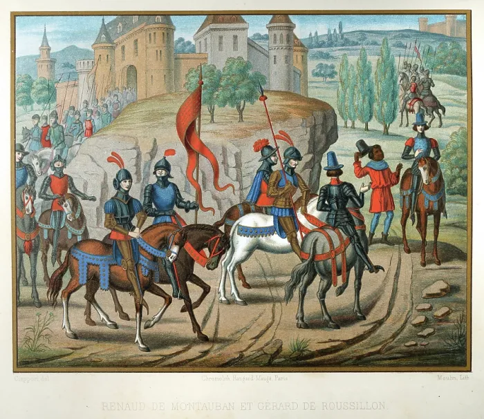 Framed Print : Medieval history, army of knights and horse back leaving a castle, black servant, French 15th Century, Vintage illustration Framed Print : Medieval history, army of knights and horse back leaving a castle, black servant, French 15th Century, Vintage illustration