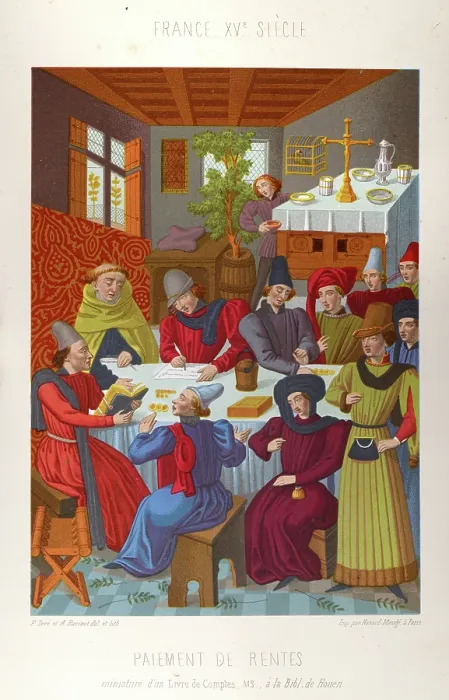 Framed Print : Medieval history, French bourgeois paying income taxes, 15th century, Vintage illustration, Paiment de Rentes Framed Print : Medieval history, French bourgeois paying income taxes, 15th century, Vintage illustration, Paiment de Rentes
