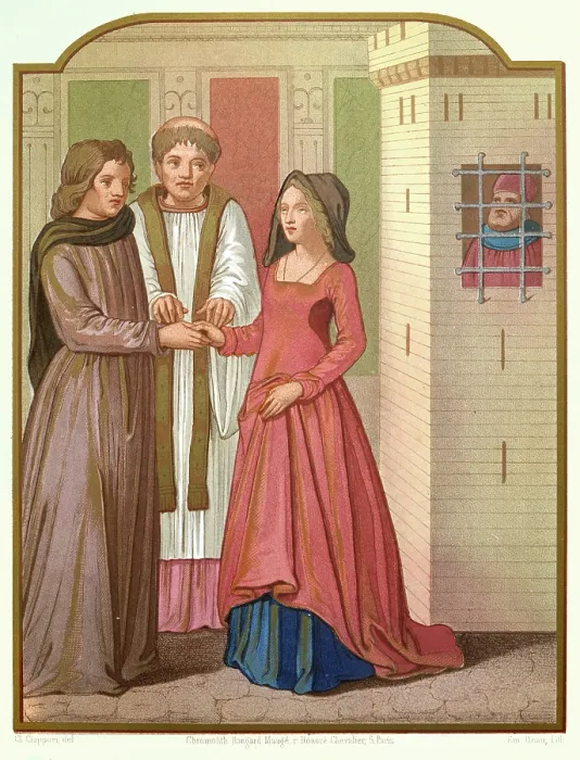 Framed Print : Medieval history, Priest marriage a young couple, The Woman with Two Husbands, French, 15th century, Vintage illustration, La Femme aux Deux Maris Framed Print : Medieval history, Priest marriage a young couple, The Woman with Two Husbands, French, 15th century, Vintage illustration, La Femme aux Deux Maris