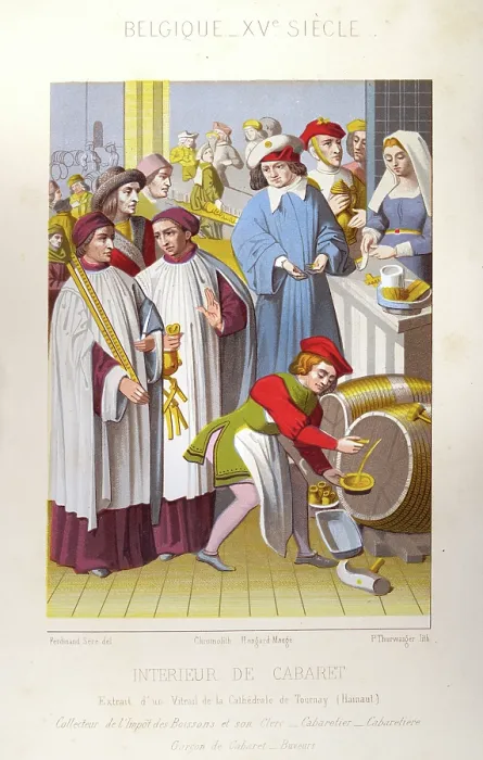Framed Print : Medieval history, Waiter getting beer from a barrel, Bar maid serving customer, bar or cabaret, Belgium, 15th century, Vintage illustration Framed Print : Medieval history, Waiter getting beer from a barrel, Bar maid serving customer, bar or cabaret, Belgium, 15th century, Vintage illustration
