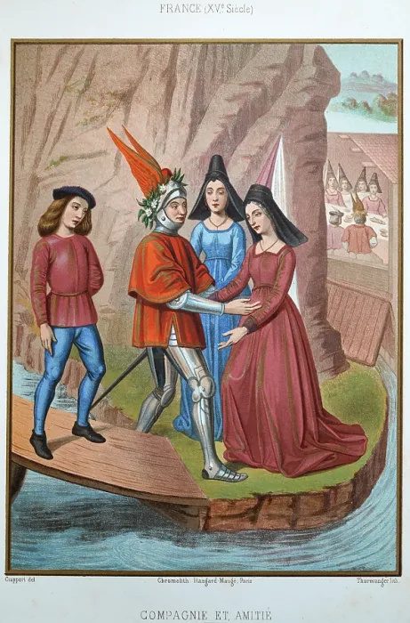 Framed Print : Medieval history, two women greeting a knight in armour and a winged helmet, 15th century, Vintage illustration, Compagnie et amitie, Company and friendship Framed Print : Medieval history, two women greeting a knight in armour and a winged helmet, 15th century, Vintage illustration, Compagnie et amitie, Company and friendship