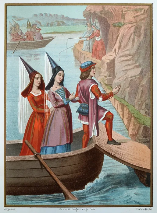 Framed Print : Medieval history, two women wearing Hennin cone headdress, disemaking from a boat with a man, in background they are fishing with rods, 15th century, Vintage illustration, Les Dames Marinieres, The Ladies Sailors