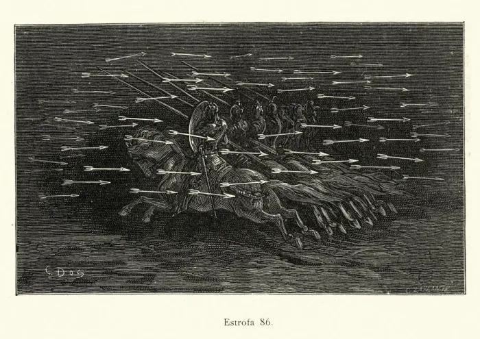 Framed Print : Medieval knights on horseback charging into hail of arrows Framed Print : Medieval knights on horseback charging into hail of arrows