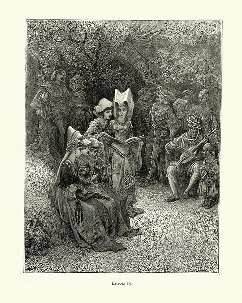 Medieval ladies reading while a minstrel plays music. Orlando Furioso