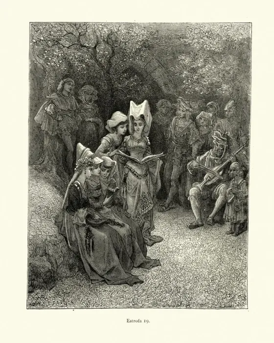Framed Print : Medieval ladies reading while a minstrel plays music. Orlando Furioso Framed Print : Medieval ladies reading while a minstrel plays music. Orlando Furioso