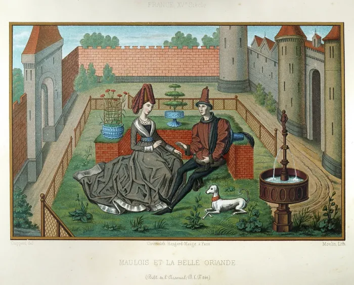 Framed Print : Medieval Romance, Young couple in garden with white dog and fountain, French 15th Century, Vintage illustration, Maulgis with the Belle Oriande in a garden, 15th century Framed Print : Medieval Romance, Young couple in garden with white dog and fountain, French 15th Century, Vintage illustration, Maulgis with the Belle Oriande in a garden, 15th century