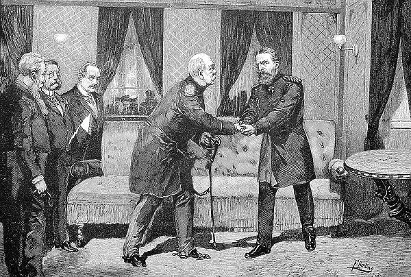 The Meeting of Emperor Frederick III and Prince Bismarck, Otto Eduard Leopold, Prince von Bismarck, in Leipzig on 11 March 1888, Germany, historical, digitally restored reproduction of a 19th century original