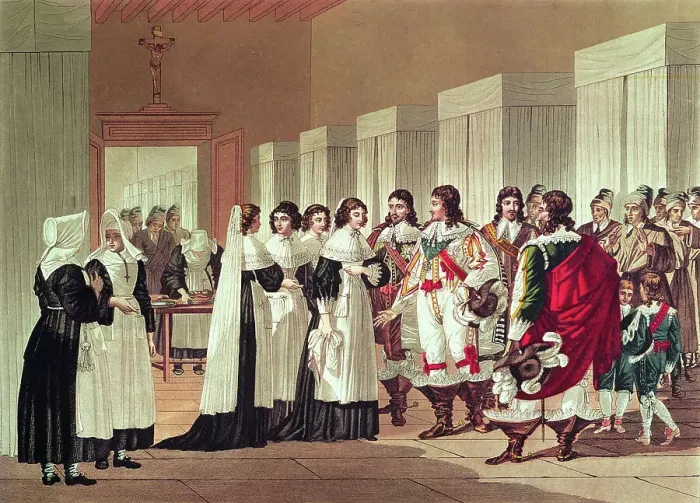 Framed Print : Meeting between Louis XIII (1601-43) and Marie-Louise Motier de la Fayette (1615-65) at l'Hotel-Dieu, Paris Framed Print : Meeting between Louis XIII (1601-43) and Marie-Louise Motier de la Fayette (1615-65) at l'Hotel-Dieu, Paris