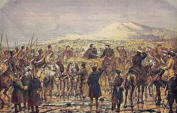 Meeting of Osman Pasha with the Grand Duke after the surrender of Plewna, Bulgaria, historical woodcut, circa 1870, digitally restored reproduction of a 19th century original, exact original date unknown, coloured