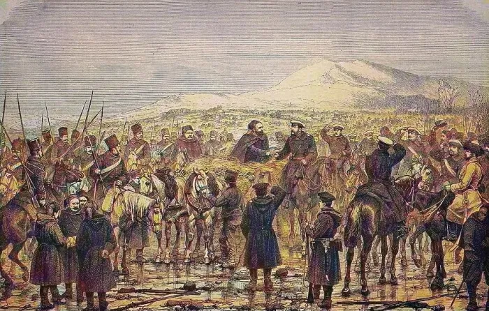 Framed Print : Meeting of Osman Pasha with the Grand Duke after the surrender of Plewna, Bulgaria, historical woodcut, circa 1870, digitally restored reproduction of a 19th century original, exact original date unknown, coloured Framed Print : Meeting of Osman Pasha with the Grand Duke after the surrender of Plewna, Bulgaria, historical woodcut, circa 1870, digitally restored reproduction of a 19th century original, exact original date unknown, coloured