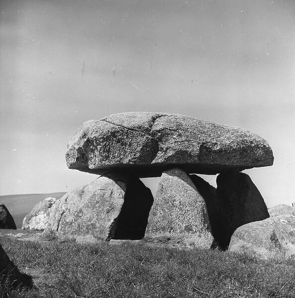 Megalith. circa 1950: A megalithic tomb, or Dolmen, near Posekjaer in Denmark