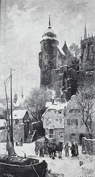 Detail of Meissen Castle in Winter, Saxony, Germany, Historic, digitally restored reproduction of an original 19th century painting
