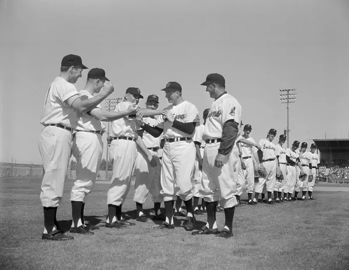 Framed Print : Mel Harder and Al Lopez Inspecting Players Biceps Framed Print : Mel Harder and Al Lopez Inspecting Players Biceps