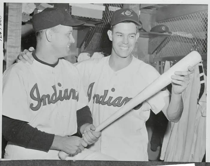 Framed Print : Mel Parnell and Vic Wertz in Baseball Uniform with Bat
