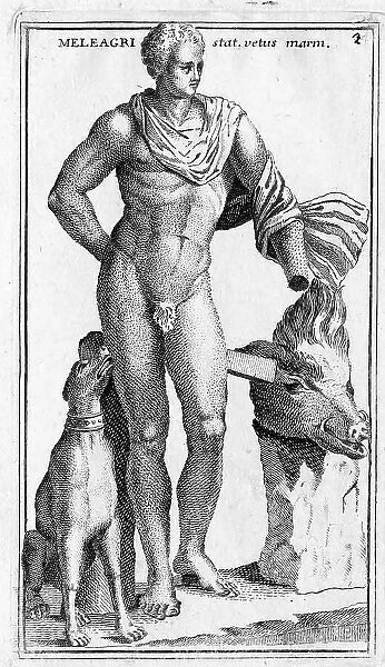 Meleagros, in Greek mythology the son of Althaia and Oineus, with hunting dog and head of a boar, historical Rome, Italy, digital reproduction of an 18th century original, original date unknown
