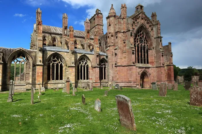 Framed Print : Melrose Abbey, Melrose Abbey, built around 1136, gravestones, Scotland, Great Britain