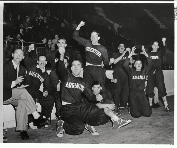 Framed Print : Members of Argentine Olympic Basketball Team Celebrating Framed Print : Members of Argentine Olympic Basketball Team Celebrating