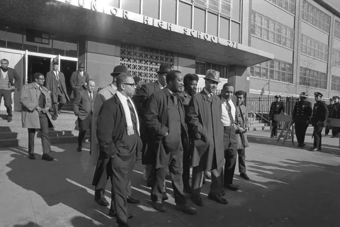 Framed Print : Members of the Ocean Hill-Brownsville Local School Governing Board Leaving Brooklyn Junior High School 271