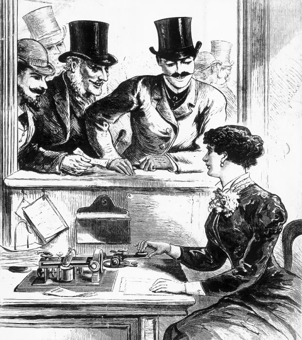 Framed Print : Men Admiring Woman Telegraph Operator Framed Print : Men Admiring Woman Telegraph Operator
