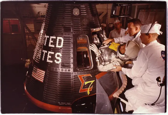 Framed Print : Men Assisting Walter Schirra into Space Capsule Framed Print : Men Assisting Walter Schirra into Space Capsule