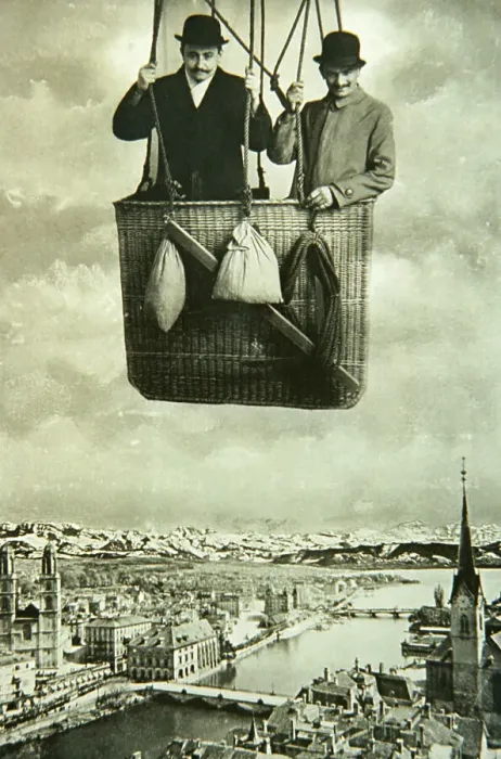 Framed Print : Men in Balloon over a European City