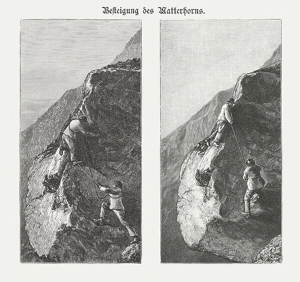 Two men climbing the Matterhorn, Switzerland, wood engravings, published 1895