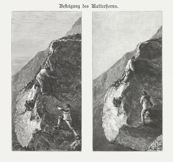 Framed Print : Two men climbing the Matterhorn, Switzerland, wood engravings, published 1895 Framed Print : Two men climbing the Matterhorn, Switzerland, wood engravings, published 1895