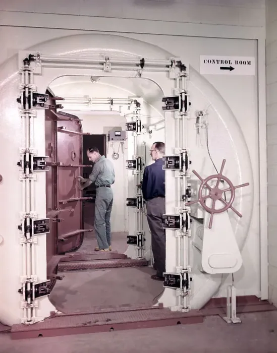 Framed Print : Two Men Closing Door in Nuclear Power Plant Framed Print : Two Men Closing Door in Nuclear Power Plant