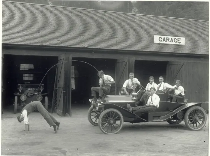 Framed Print : Men Clowning Around with a Car and Fishing Rod Framed Print : Men Clowning Around with a Car and Fishing Rod