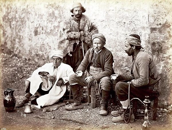 Four men with coffee cup and hookah in front of a cafe in Constantinople, 1880, Turkey, Historical, digitally restored reproduction from a 19th century original