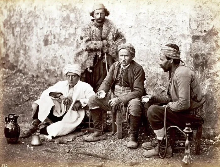 Framed Print : Four men with coffee cup and hookah in front of a cafe in Constantinople, 1880, Turkey, Historical, digitally restored reproduction from a 19th century original Framed Print : Four men with coffee cup and hookah in front of a cafe in Constantinople, 1880, Turkey, Historical, digitally restored reproduction from a 19th century original