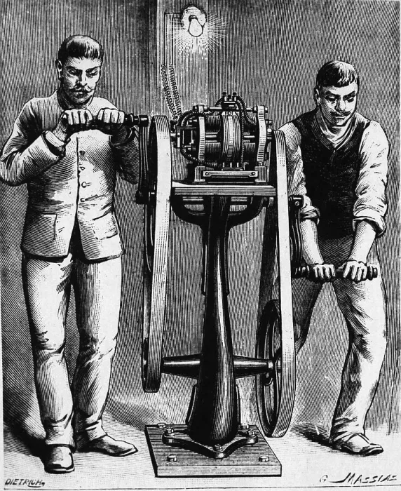 Framed Print : Two Men Cranking Manual Dynamo (Illus.) Framed Print : Two Men Cranking Manual Dynamo (Illus.)
