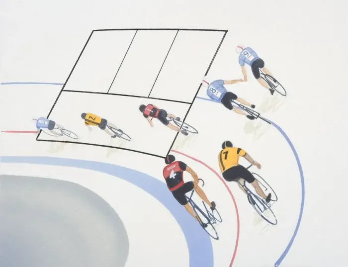 Framed Print : Men cycling around curve of indoor racing track, elevated view Framed Print : Men cycling around curve of indoor racing track, elevated view
