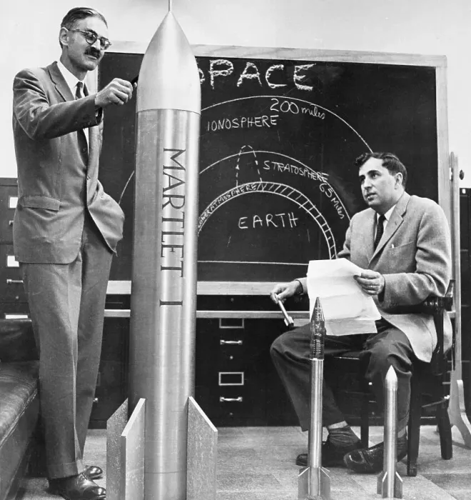Framed Print : Men Discuss Prototype of Ballistic Missile Framed Print : Men Discuss Prototype of Ballistic Missile