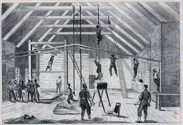 Framed Print : Men Doing Exercise In Recreation Room Framed Print : Men Doing Exercise In Recreation Room