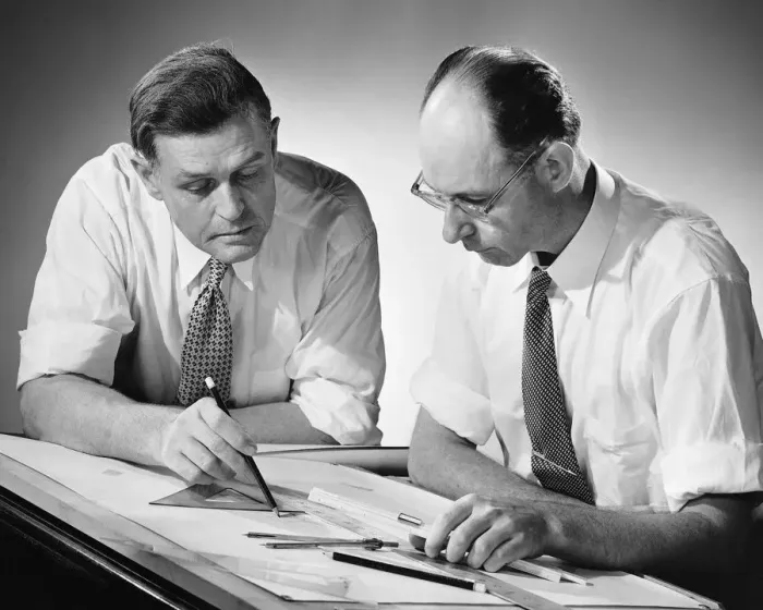 Framed Print : Two men at drafting table Framed Print : Two men at drafting table