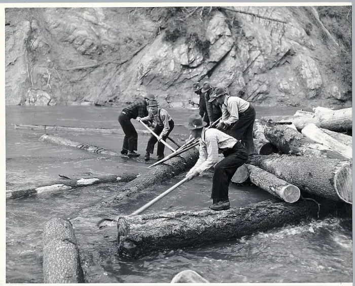 Framed Print : Men Drive Logs Down River In Idaho Framed Print : Men Drive Logs Down River In Idaho