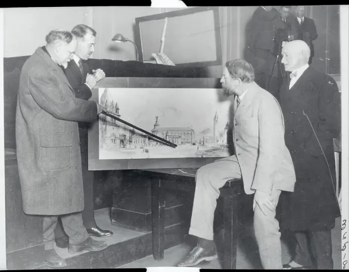 Framed Print : Men Examining War Memorial Plans Framed Print : Men Examining War Memorial Plans