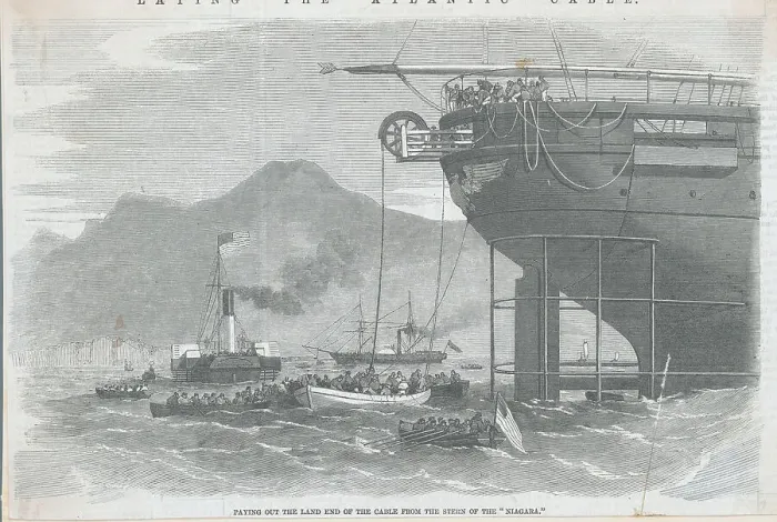 Framed Print : Men Extending Cable Line from Ship Framed Print : Men Extending Cable Line from Ship