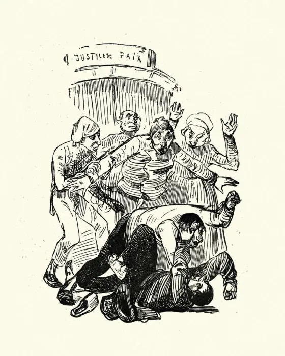 Framed Print : Two men fighting in the street, local justice, Victorian