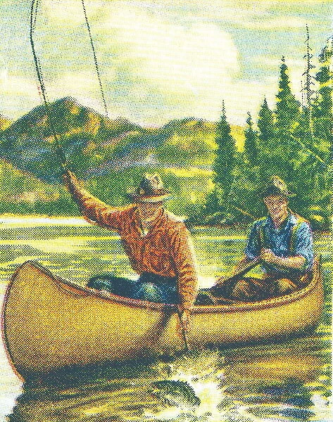 Two men fishing in a canoe