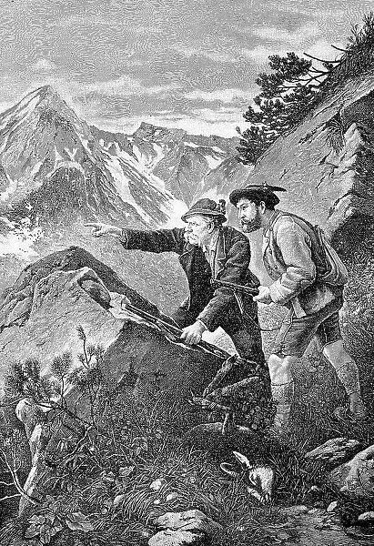 Two Men on a Game Hunt, 1881, Bavaria, Germany, Historic, digital reproduction of an original 19th-century painting