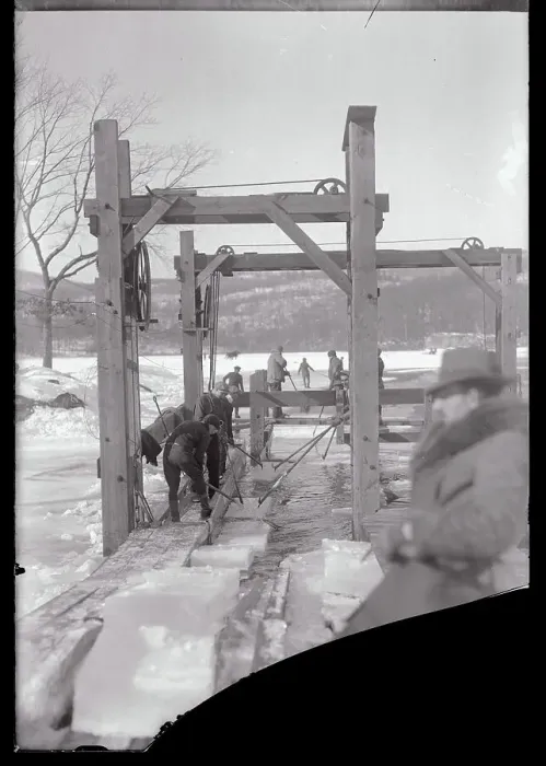 Framed Print : Men Gathering Ice from Frozen Pond Framed Print : Men Gathering Ice from Frozen Pond