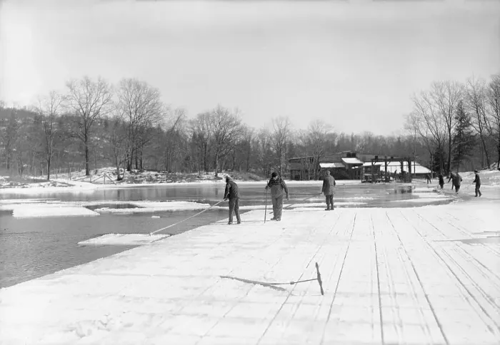Framed Print : Men Gathering Ice from Frozen Pond Framed Print : Men Gathering Ice from Frozen Pond