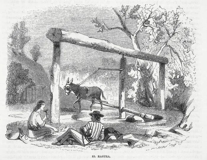 Framed Print : Men Gazing at Mule Driven Stone Crusher