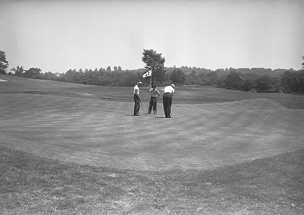 Three men on golf course, (B&W)