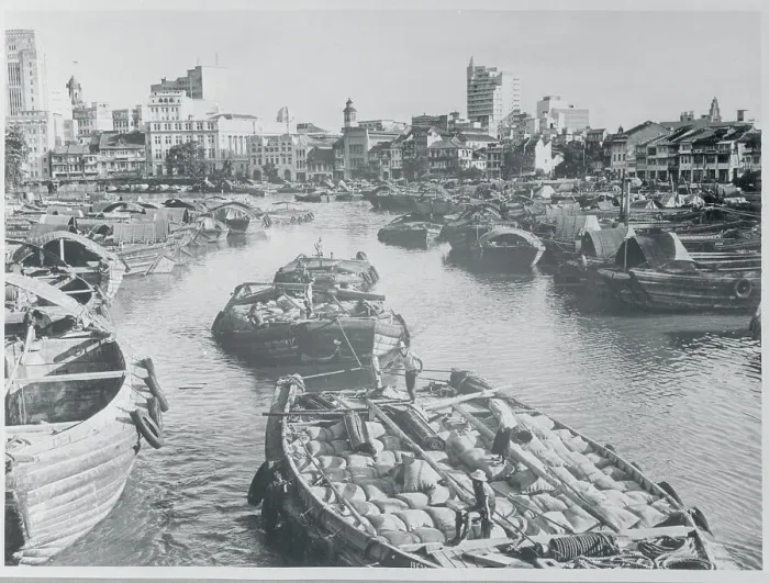 Framed Print : Men Guiding Barges Down a River Framed Print : Men Guiding Barges Down a River