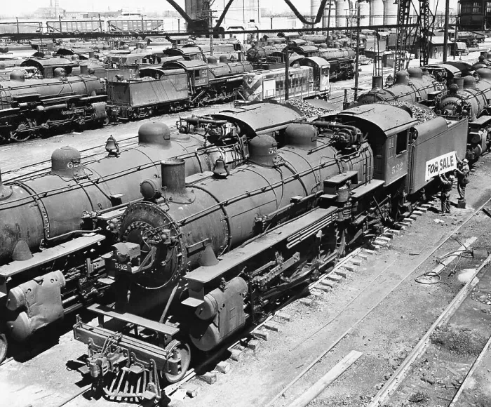 Framed Print : Men Hanging a For Sale Sign on a Locomotive