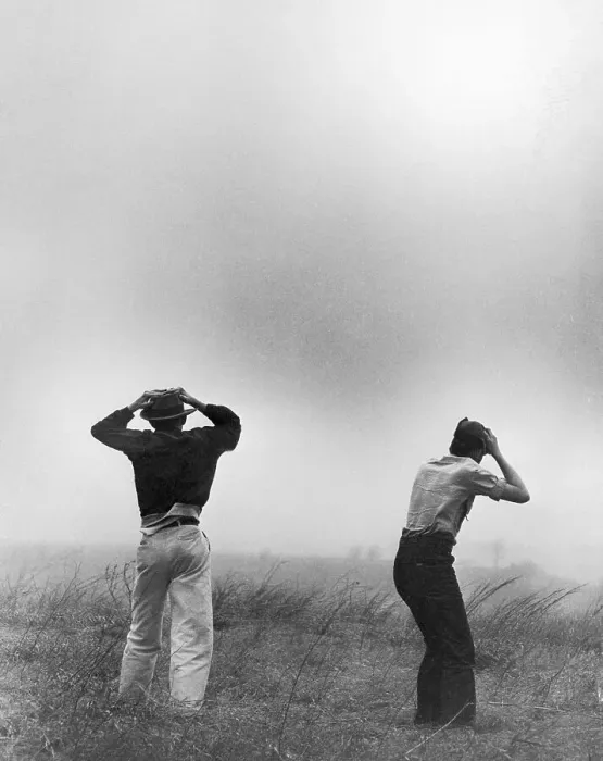 Framed Print : Men Hold Hats Watch Dust Cloud In Field Framed Print : Men Hold Hats Watch Dust Cloud In Field